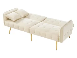 Sofá de 2 plazas de terciopelo beige con brazos y respaldo regulables, patas de metal dorado