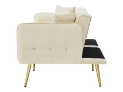 Sofá de 2 plazas de terciopelo beige con brazos y respaldo regulables, patas de metal dorado