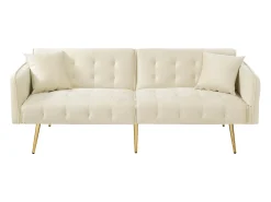 Sofá de 2 plazas de terciopelo beige con brazos y respaldo regulables, patas de metal dorado