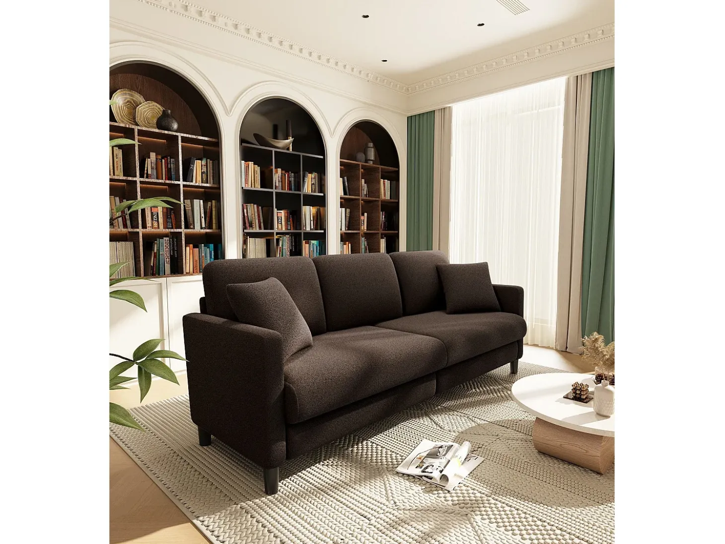 Sofá de 3 plazas en terciopelo de Teddy, gran comodidad de sofá derecho en madera maciza, envejecimiento con reposabrazos, 210 x 79 x 89 cm - marrón