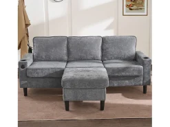 Sofá de 3 plazas, lino gris, en forma de L, con puertos USB y Tipo C, 2 portavasos, para salón y dormitorio