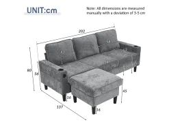 Sofá de 3 plazas, lino gris, en forma de L, con puertos USB y Tipo C, 2 portavasos, para salón y dormitorio