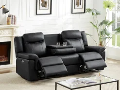 Sofá de 3 plazas relax eléctrico de piel negro con tableta bar KENNETH