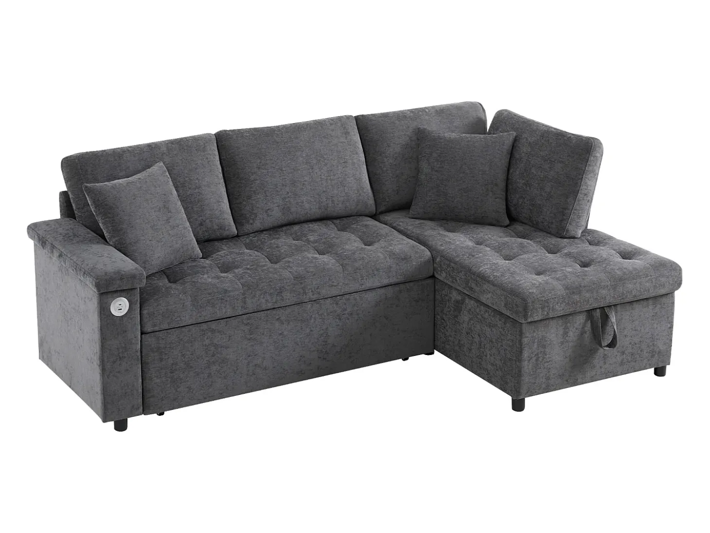 Sofá de 3 plazas, sofá cama con puertos USB y espacio de almacenaje, respaldo tapizado - Chenilla gris oscuro