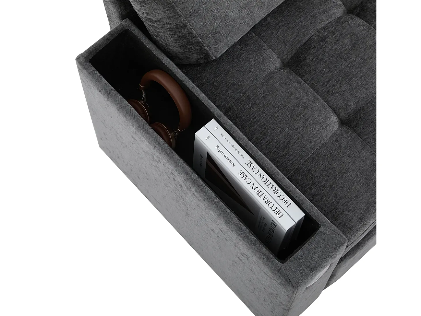 Sofá de 3 plazas, sofá cama con puertos USB y espacio de almacenaje, respaldo tapizado - Chenilla gris oscuro