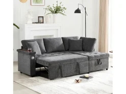 Sofá de 3 plazas, sofá cama con puertos USB y espacio de almacenaje, respaldo tapizado - Chenilla gris oscuro