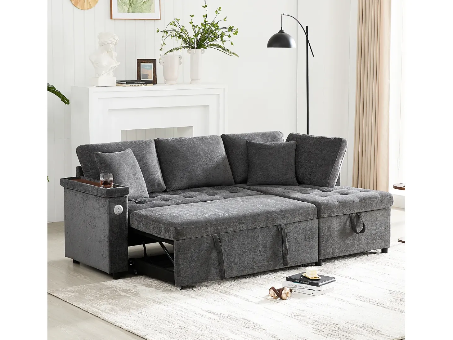 Sofá de 3 plazas, sofá cama con puertos USB y espacio de almacenaje, respaldo tapizado - Chenilla gris oscuro