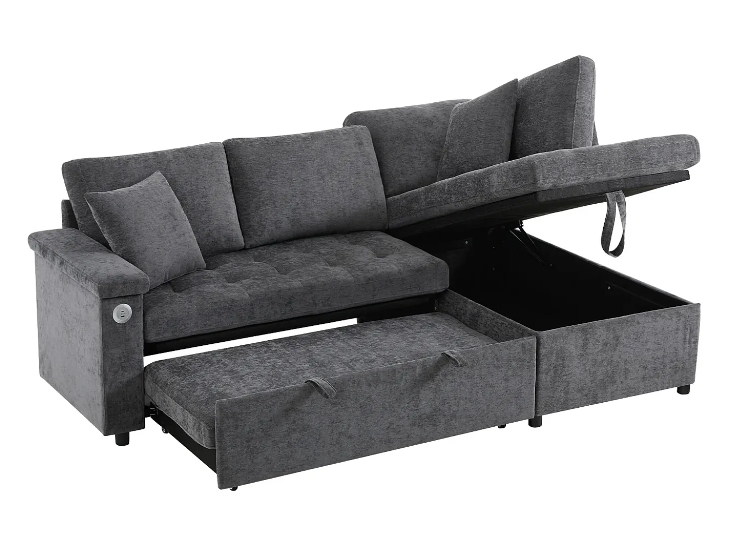 Sofá de 3 plazas, sofá cama con puertos USB y espacio de almacenaje, respaldo tapizado - Chenilla gris oscuro