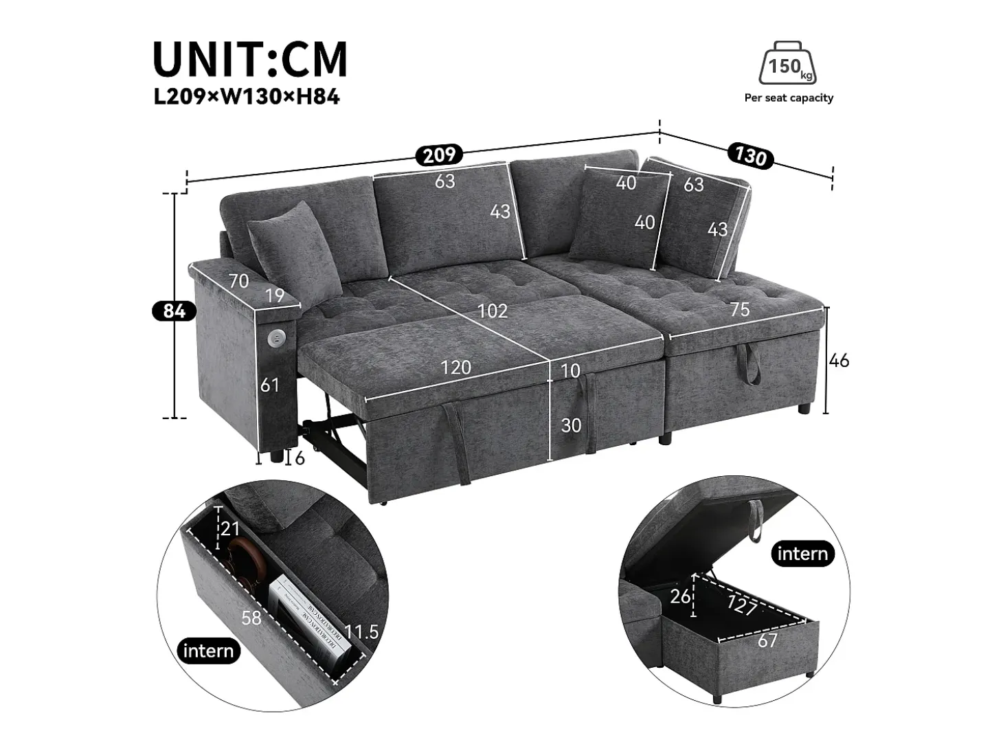 Sofá de 3 plazas, sofá cama con puertos USB y espacio de almacenaje, respaldo tapizado - Chenilla gris oscuro