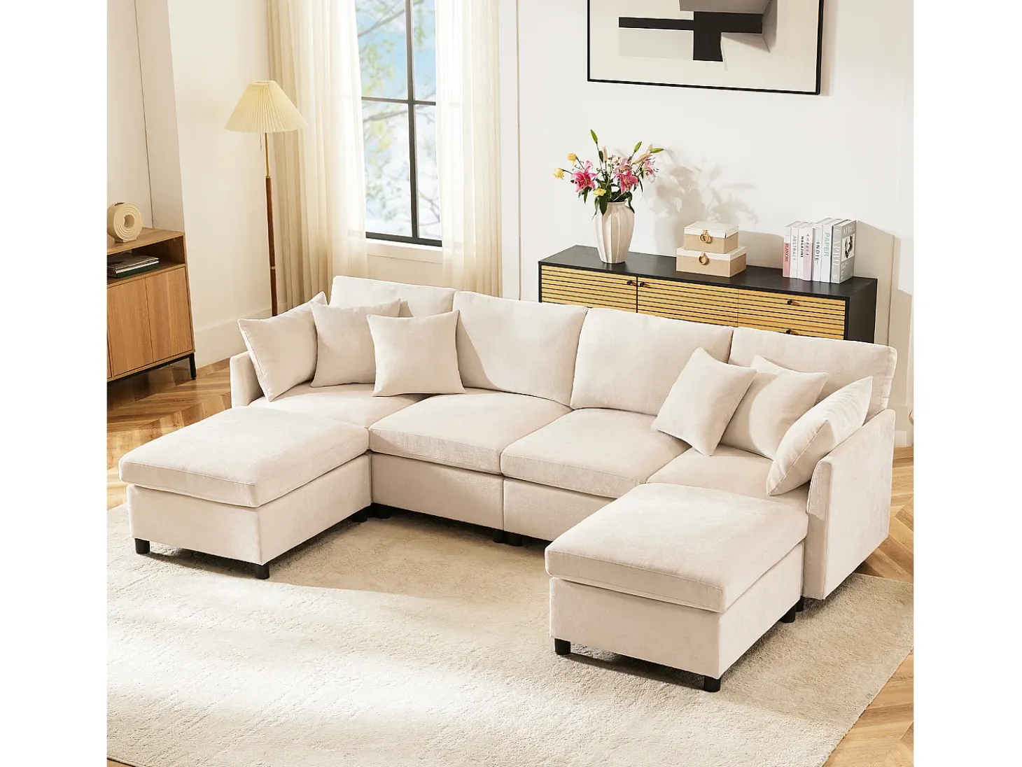 Sofá de 4 plazas, sofá de chenilla con respaldo y reposabrazos tapizados, reposapiés móvil - beige