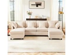 Sofá de 4 plazas, sofá de chenilla con respaldo y reposabrazos tapizados, reposapiés móvil - beige