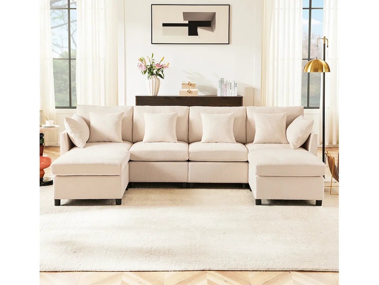 Sofá de 4 plazas, sofá de chenilla con respaldo y reposabrazos tapizados, reposapiés móvil - beige