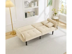 Sofá de 2 plazas, terciopelo beige, tapizado con respaldo regulable y patas de madera negras