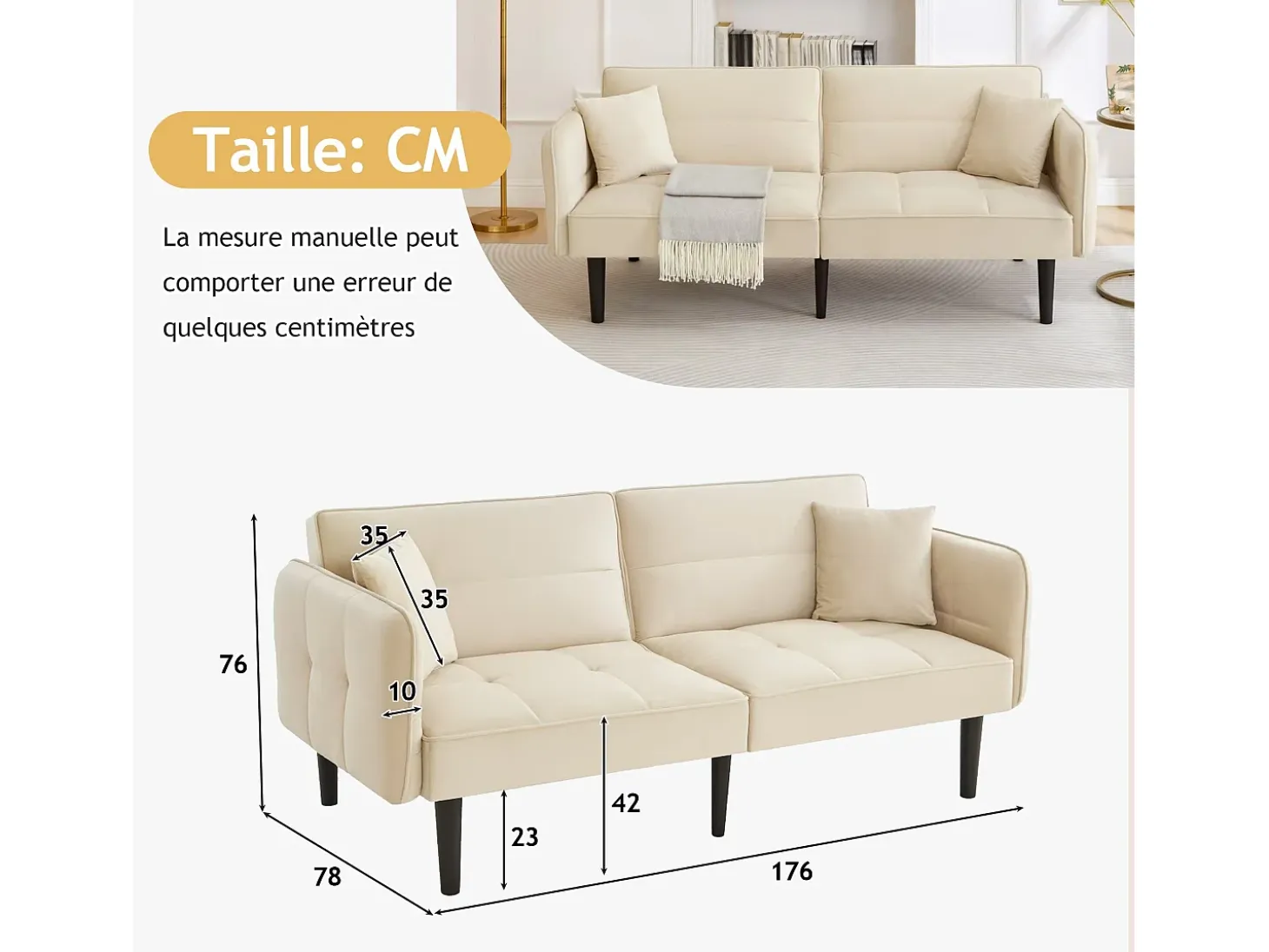 Sofá de 2 plazas, terciopelo beige, tapizado con respaldo regulable y patas de madera negras