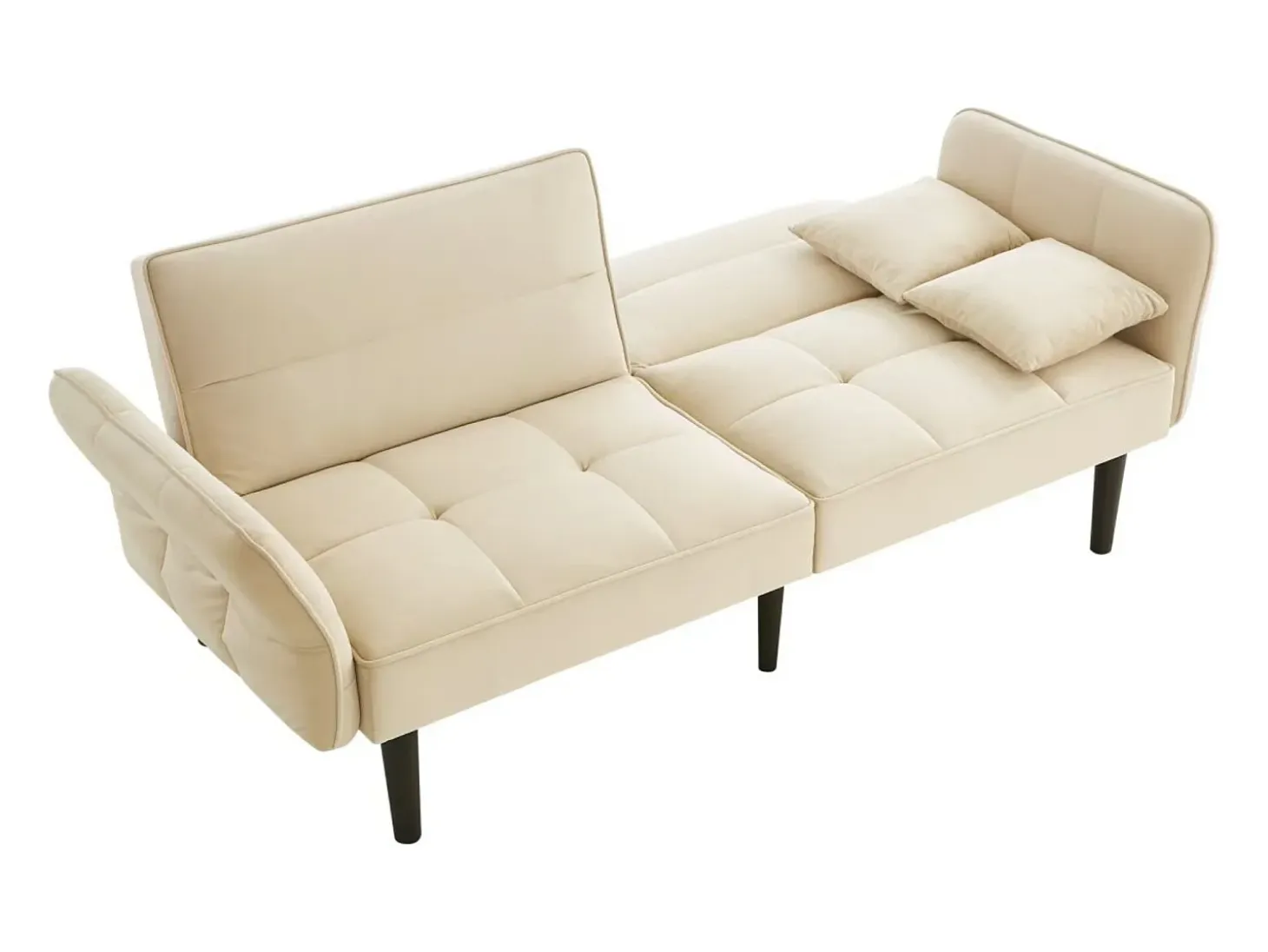 Sofá de 2 plazas, terciopelo beige, tapizado con respaldo regulable y patas de madera negras