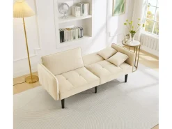 Sofá de 2 plazas, terciopelo beige, tapizado con respaldo regulable y patas de madera negras