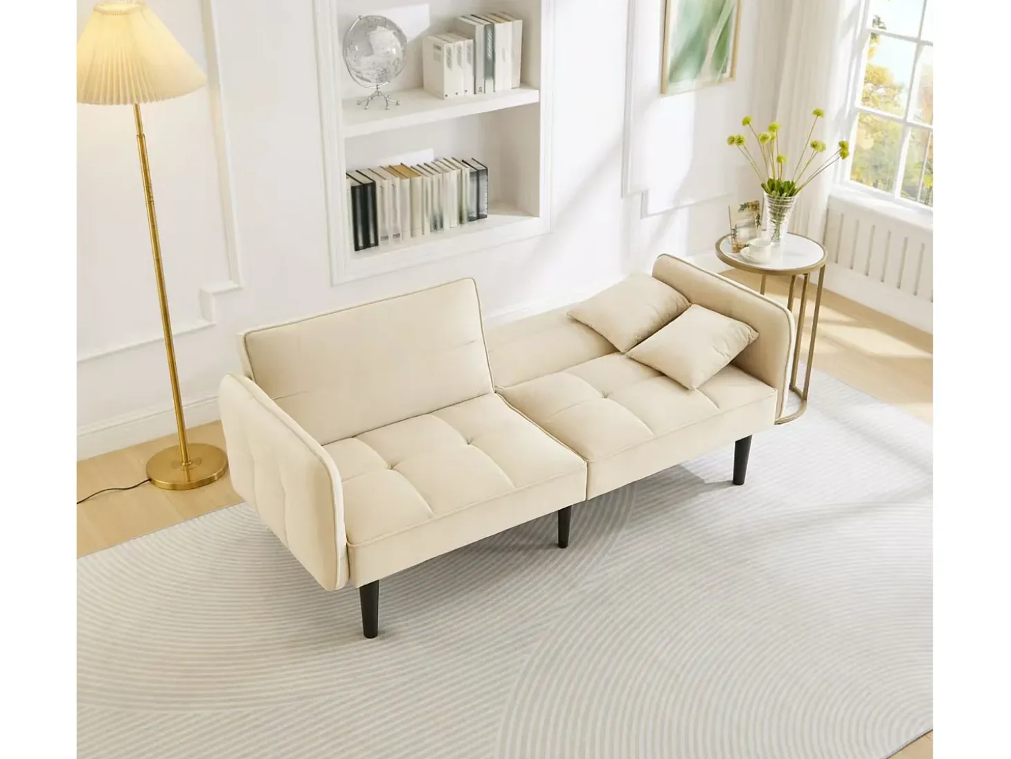 Sofá de 2 plazas, terciopelo beige, tapizado con respaldo regulable y patas de madera negras