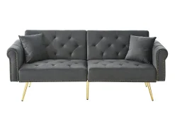 Sofá de 2 plazas, terciopelo gris, con respaldo reclinable de 3 posiciones y patas doradas, para salón y oficina