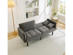 Sofá de 2 plazas, terciopelo gris, tapizado con respaldo regulable y patas de madera negras