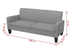 Sofá de 3 plazas 180x65x76 cm gris claro
