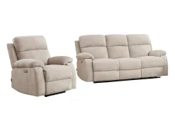 Sofá de 3 plazas y sillón relax eléctrico con masaje en chenilla beige KOCENI