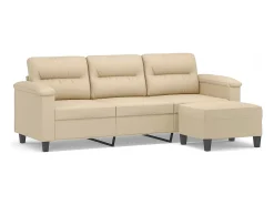 Sofá de 3 plazas y taburete tela microfibra crema 180 cm