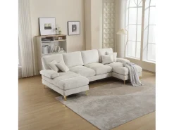 Sofá de 4 puentes, en tela de oruga, marco de madera sólida, con almohadas, 272x136x88cm, beige