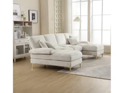Sofá de 4 puentes, en tela de oruga, marco de madera sólida, con almohadas, 272x136x88cm, beige