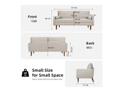 Sofá de 3 salones en tela de lino beige - escandinavo - con 2 almohadas y reposabrazos - pies de madera sólida - 173x77x84cm