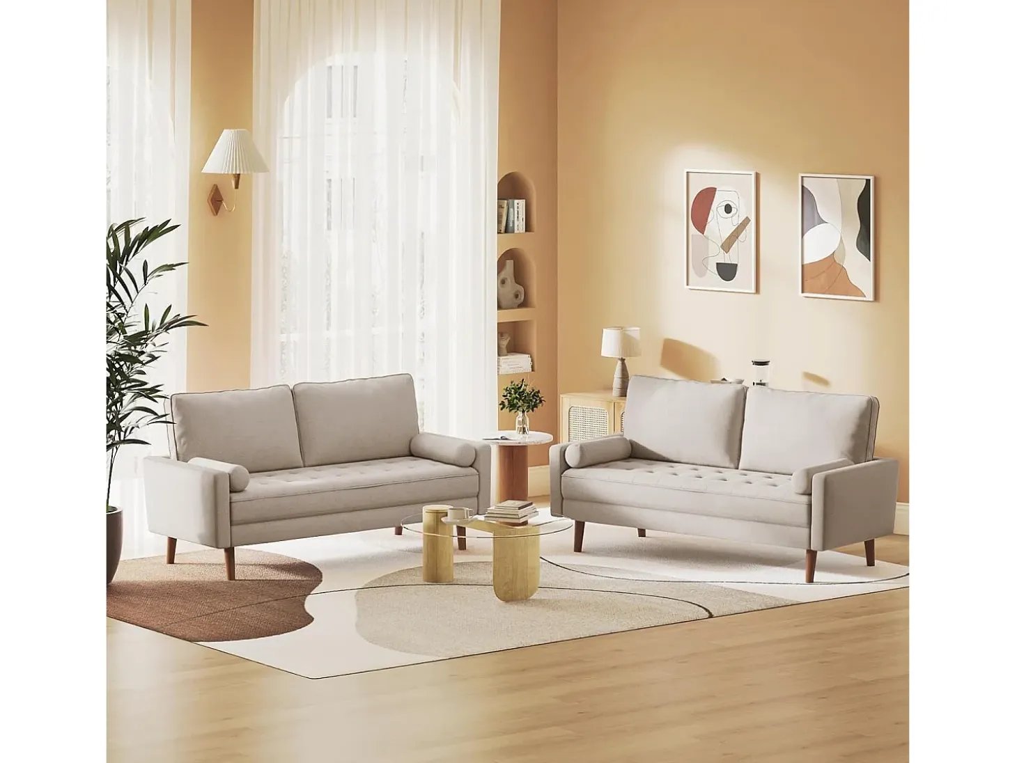 Sofá de 3 salones en tela de lino beige - escandinavo - con 2 almohadas y reposabrazos - pies de madera sólida - 173x77x84cm