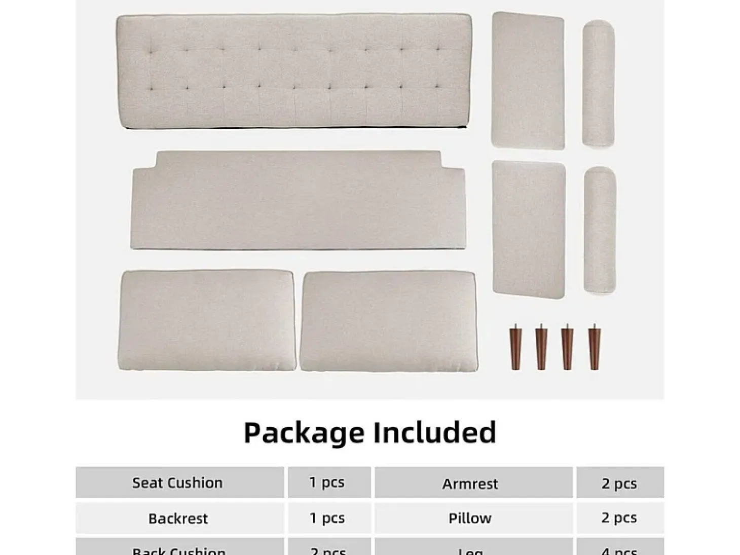 Sofá de 3 salones en tela de lino beige - escandinavo - con 2 almohadas y reposabrazos - pies de madera sólida - 173x77x84cm