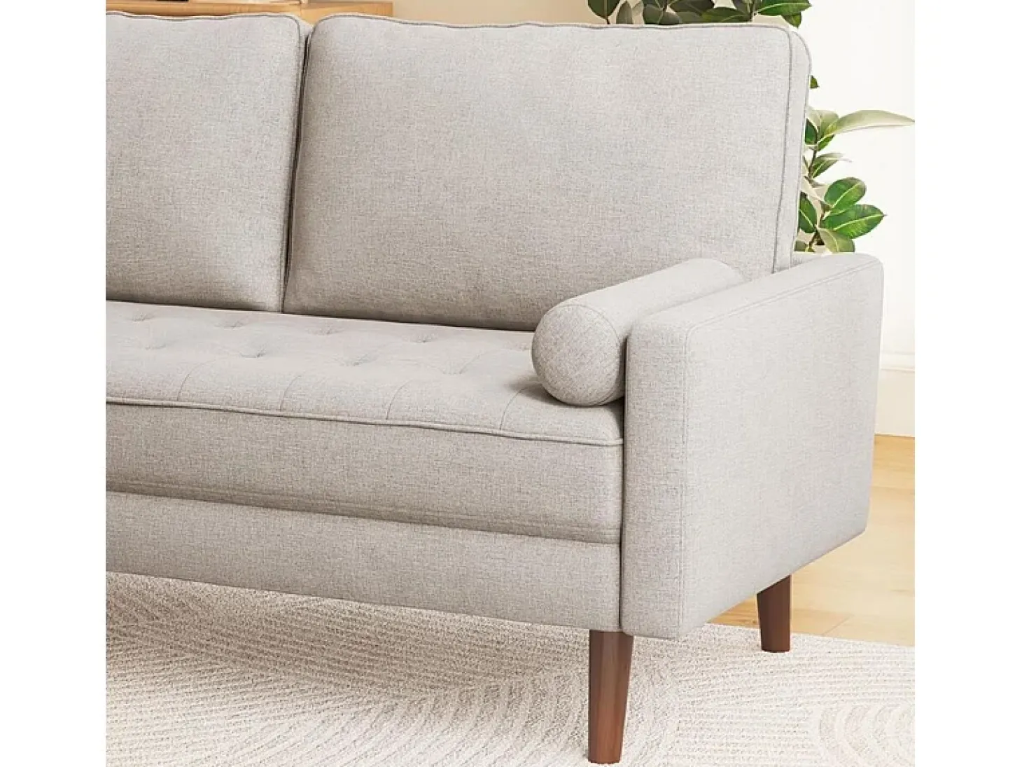Sofá de 3 salones en tela de lino beige - escandinavo - con 2 almohadas y reposabrazos - pies de madera sólida - 173x77x84cm