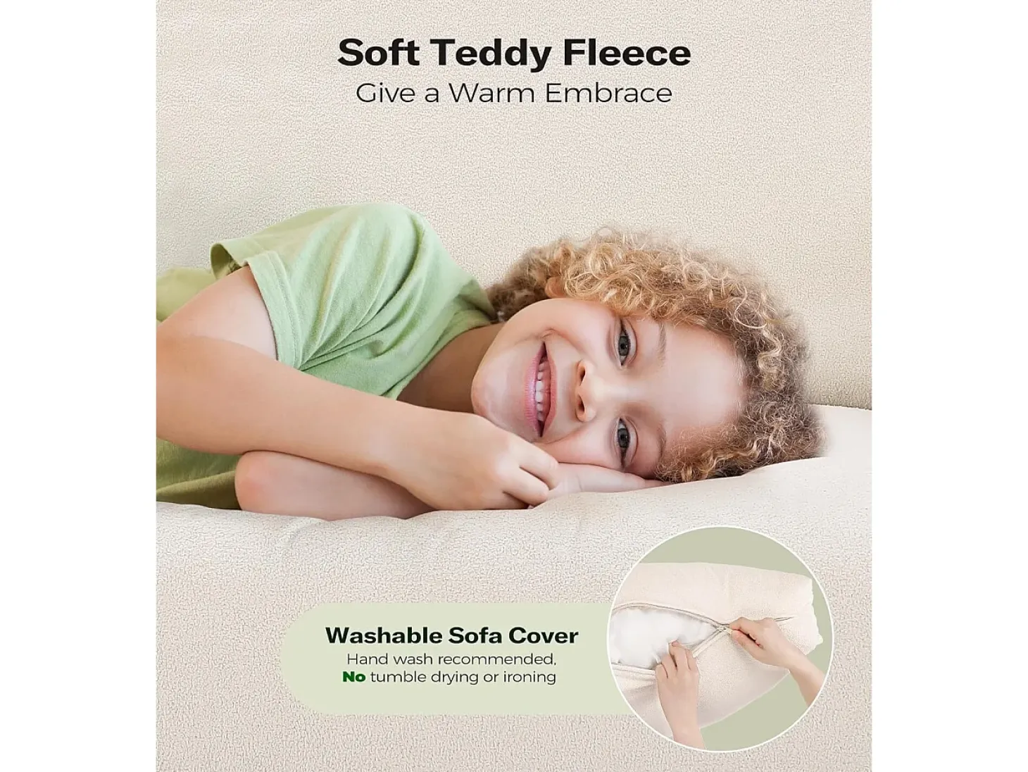 Sofá de 3 salones en terciopelo de peluche, comodidad de sofá derecha grande en madera maciza, amores con reposabrazos, 210 x 79 x 89 cm - beige