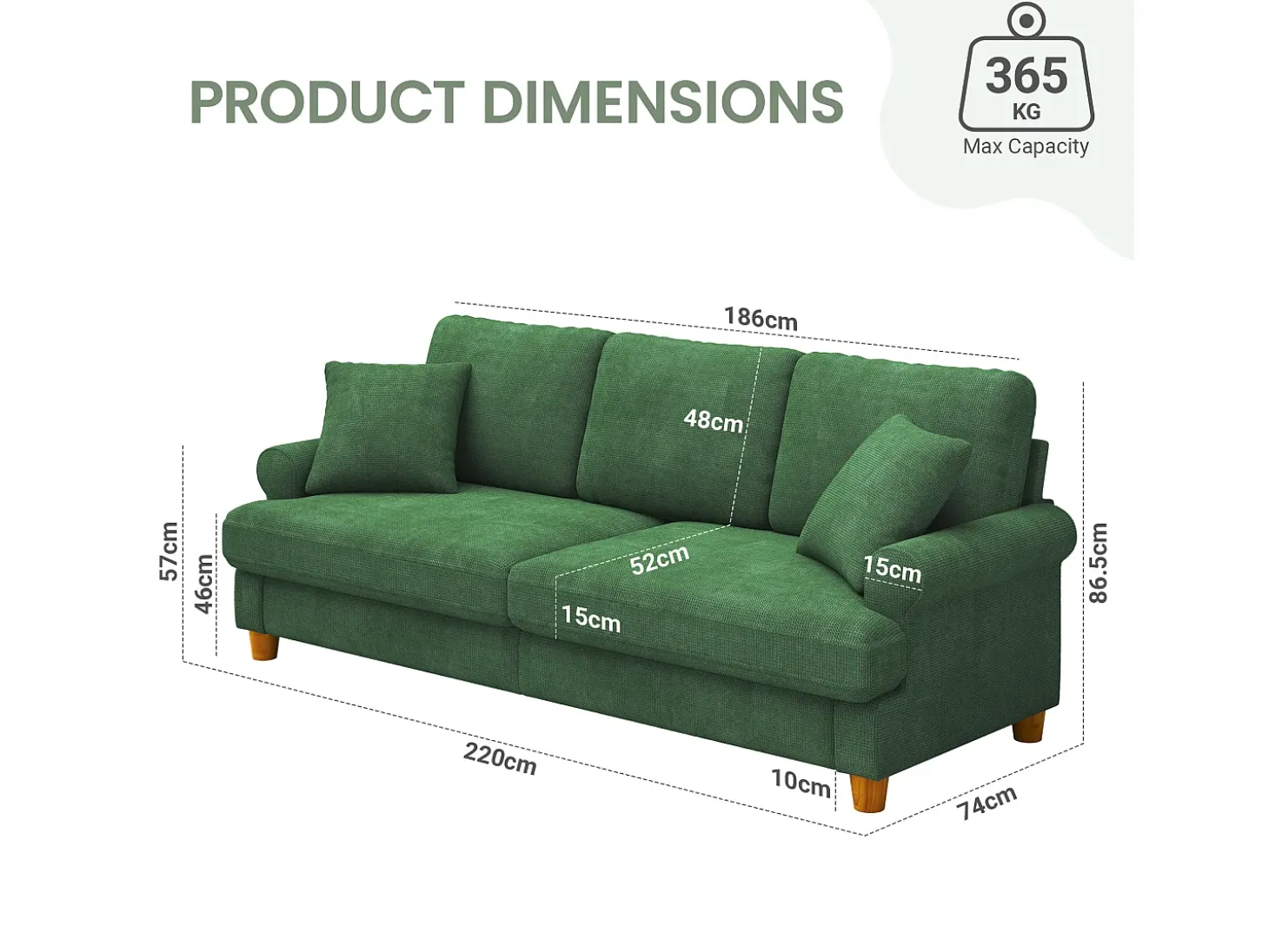 Sofá de comodidad de 3 salones, tela de oruga, con reposabrazos, cojines y 2 almohadas, carga máxima 365 kg - 220x76x86 cm