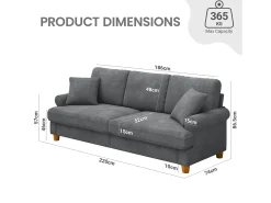 Sofá de comodidad de 3 salones, tela de oruga, con reposabrazos, cojines y 2 almohadas, carga máxima 365 kg - 220x76x86 cm