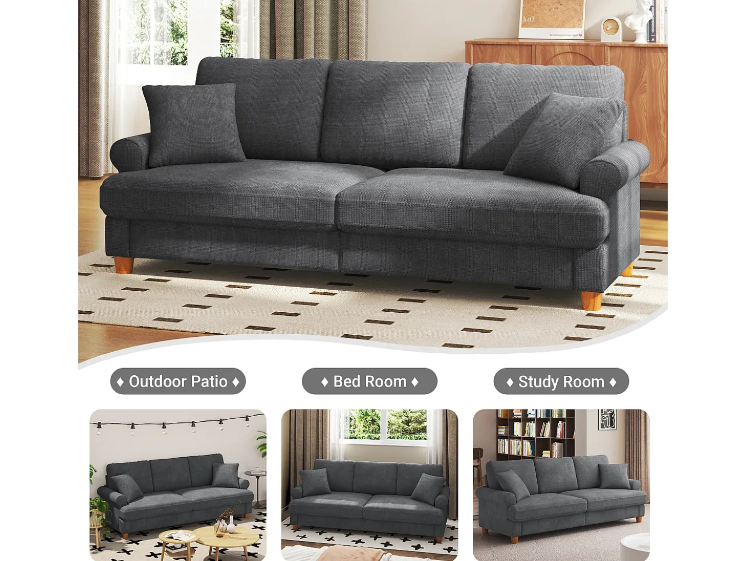 Sofá de comodidad de 3 salones, tela de oruga, con reposabrazos, cojines y 2 almohadas, carga máxima 365 kg - 220x76x86 cm