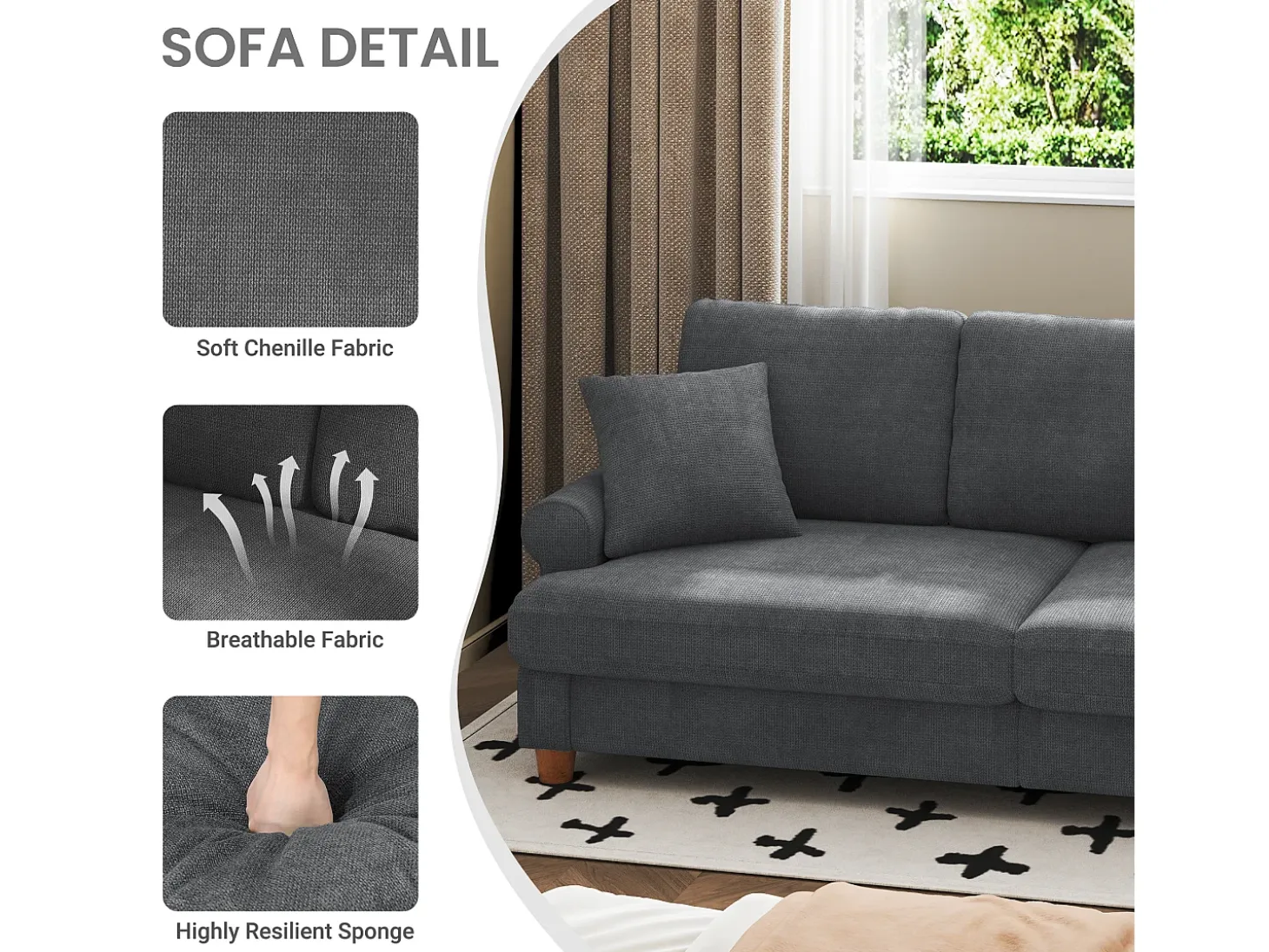 Sofá de comodidad de 3 salones, tela de oruga, con reposabrazos, cojines y 2 almohadas, carga máxima 365 kg - 220x76x86 cm