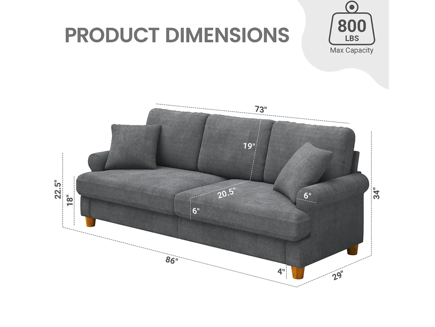 Sofá de comodidad de 3 salones, tela de oruga, con reposabrazos, cojines y 2 almohadas, carga máxima 365 kg - 220x76x86 cm