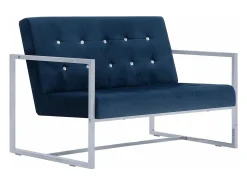 Sofá de dos plazas con reposabrazos cromados y terciopelo azul