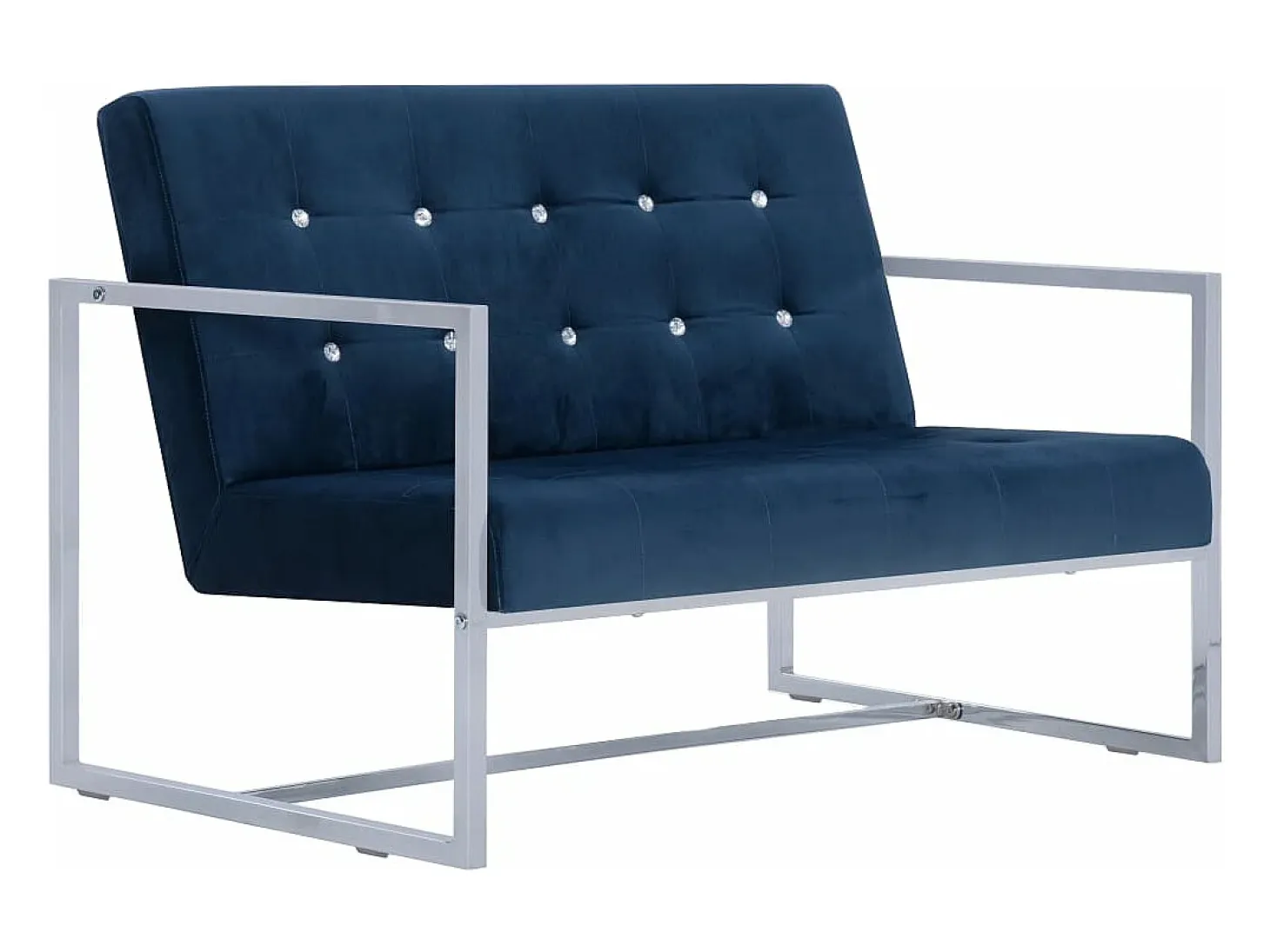 Sofá de dos plazas con reposabrazos cromados y terciopelo azul