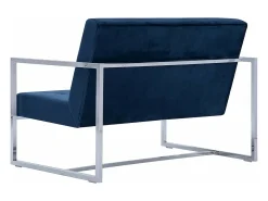 Sofá de dos plazas con reposabrazos cromados y terciopelo azul