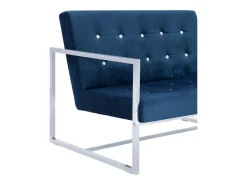 Sofá de dos plazas con reposabrazos cromados y terciopelo azul