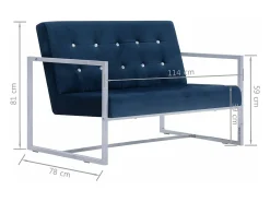 Sofá de dos plazas con reposabrazos cromados y terciopelo azul