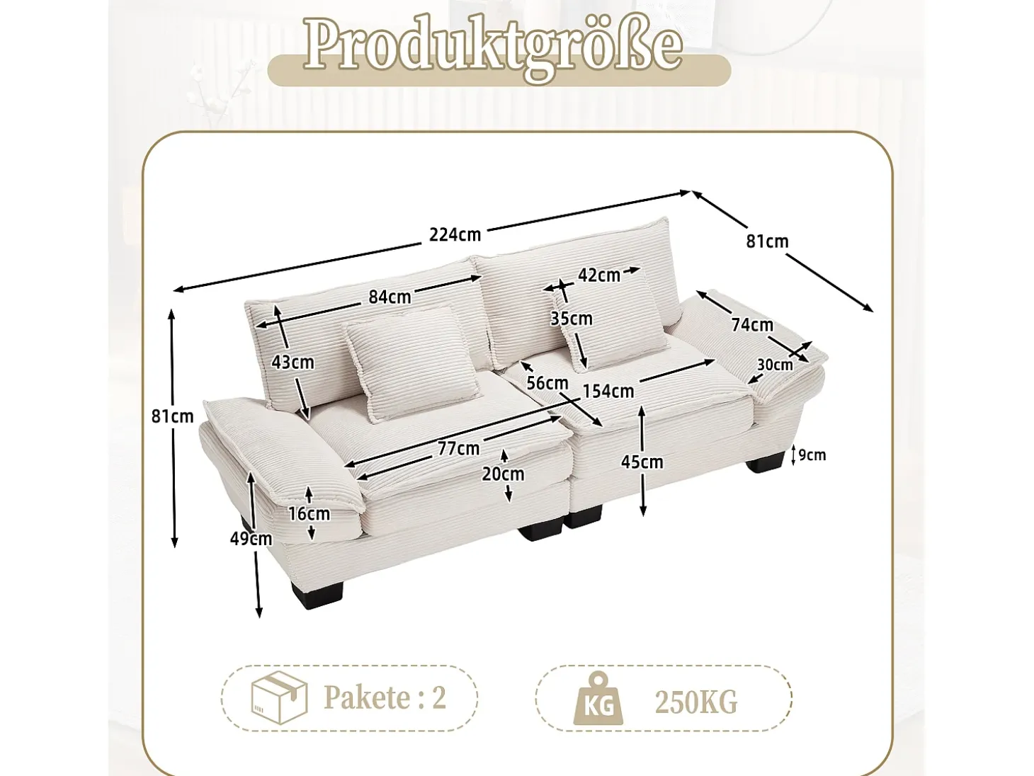 Sofá de dos plazas, de terciopelo, color beige, con reposacabezas y respaldo, ideal para salón y dormitorio