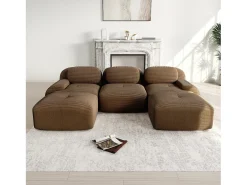 Sofá de esquina 3 plazas modular - en Pana - con 3 cojines y 2 otomanas - 298x178x70cm - Marrón