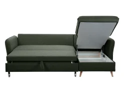 Sofá de esquina convertible reversible con baúl 3-4 plazas en tela verde caqui y madera clara DRISS