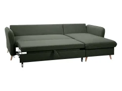 Sofá de esquina convertible reversible con baúl 3-4 plazas en tela verde caqui y madera clara DRISS
