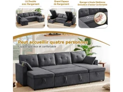 Sofá de esquina convertible con 2 cajones de almacenamiento, cojín y portavasos - Algodón y lino - 270×130×86 cm - Gris