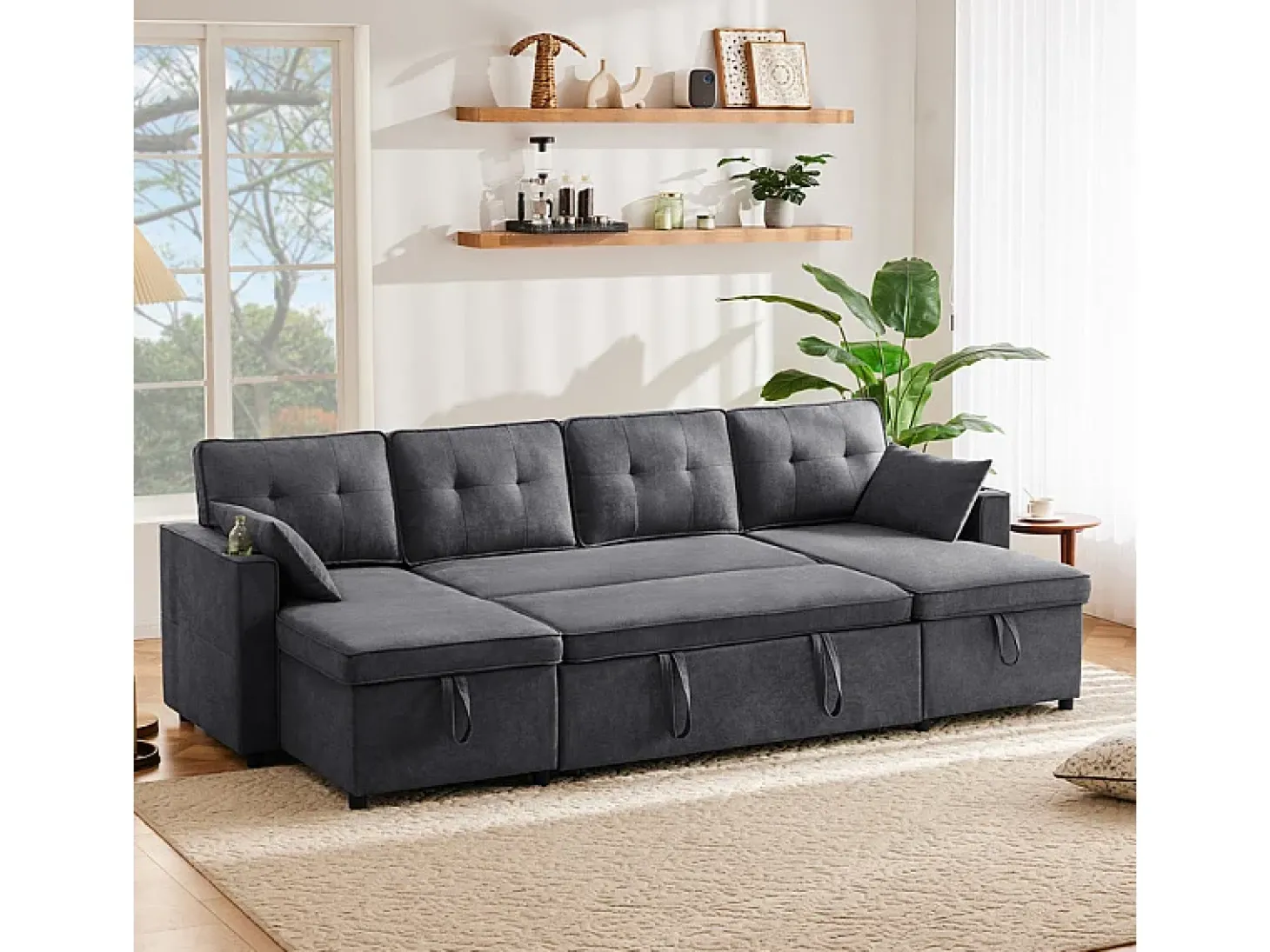 Sofá de esquina convertible con 2 cajones de almacenamiento, cojín y portavasos - Algodón y lino - 270×130×86 cm - Gris