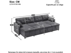 Sofá de esquina convertible con 2 cajones de almacenamiento, cojín y portavasos - Algodón y lino - 270×130×86 cm - Gris